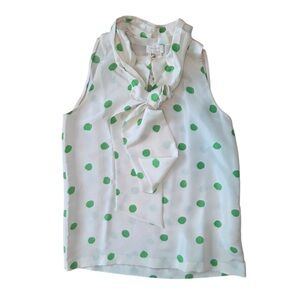 Kate Spade White and Green Polka Dot Sleeveless Bow Blouse